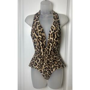 Unique Vintage Leopard Plunge Neck One-Piece Halter Tie Swimsuit Women's Small